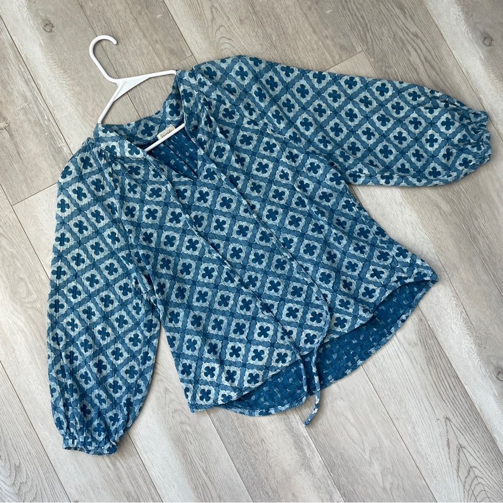 Bohemian Folk Blouse geometric tile peasant womens Blue (medium) casual office
